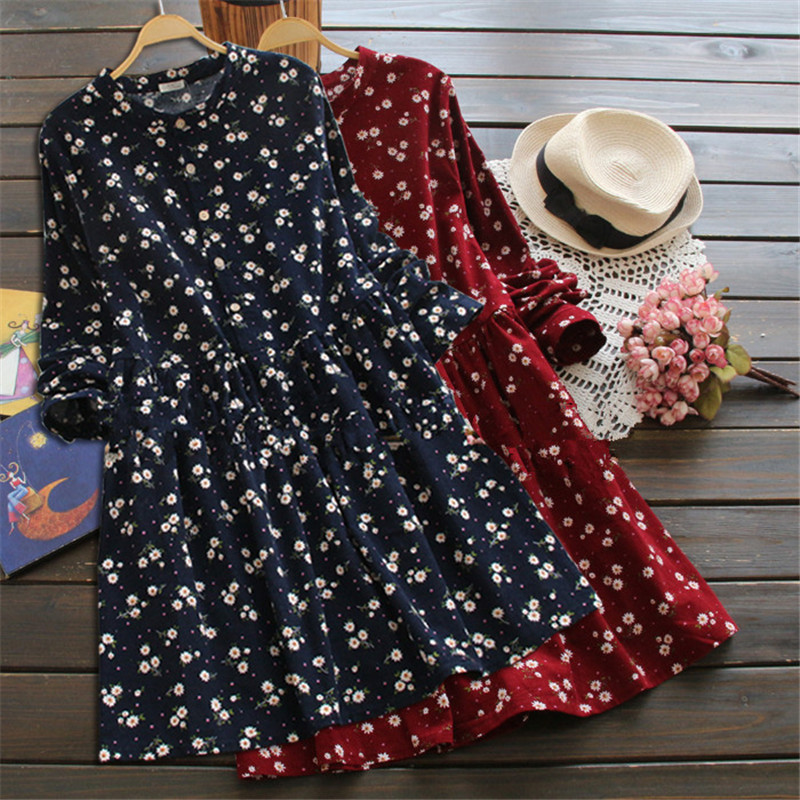 2020韩版复古学院风胖mm长袖气质灯芯绒连衣裙女学生碎花秋冬女装