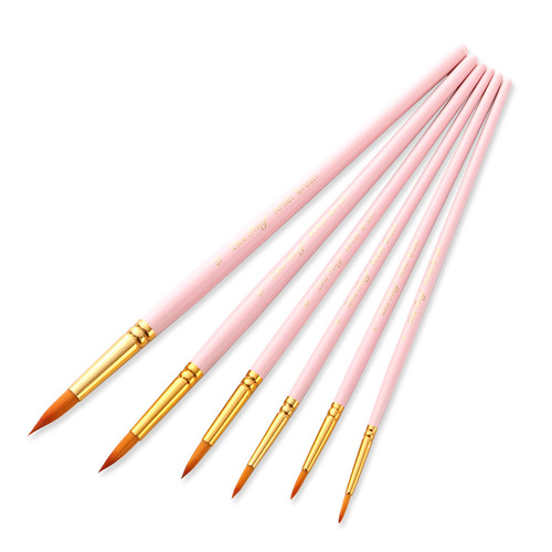 6 sharp pink rod nylon hair brushes, nylon hair watercolor brushes, gouache acrylic brushes