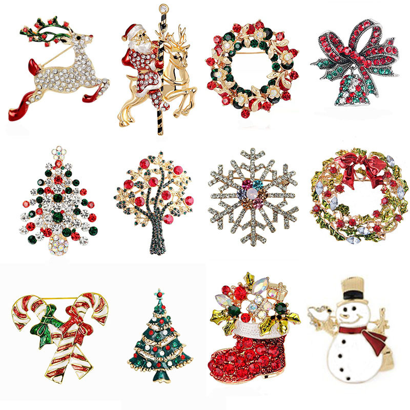 Christmas Brooch Crutches Elk Snowflake Snowman Christmas Tree Wreath Bell Boots Pin Corsage Hot Sale display picture 1