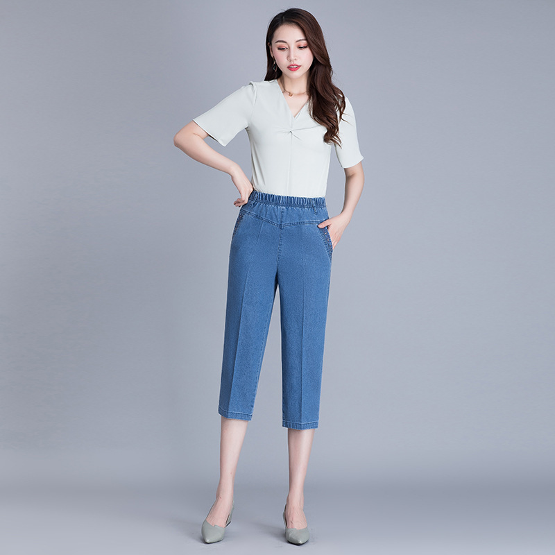 Summer Thin Middle-aged Women's Cropped Jeans High Waist Large Size Stretch Mom Pants Elastic Waist Elderly Shorts