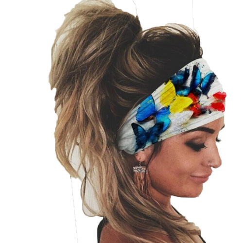  European and American Spring and Summer Anti-Snag Cotton Hairband with Butterfly Digital Print Head Scarf Yoga Exercise Elastic Headband