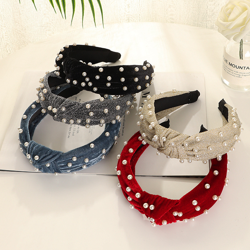 Simple Pearl Fabric Wide-brimmed Knotted Headband display picture 3