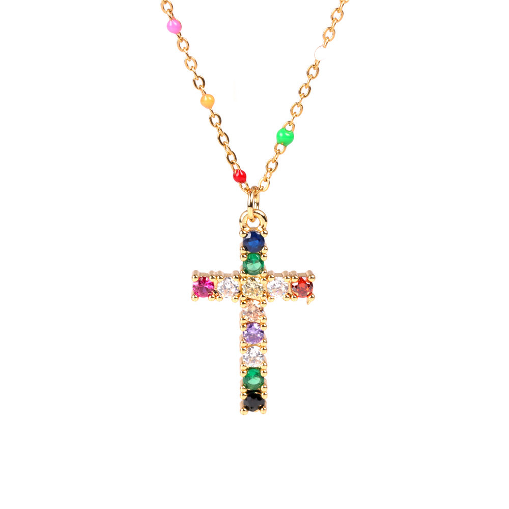 New Fashion Color Zircon Necklace Diamond Cross Necklace Dripping Stainless Steel Clavicle Necklace display picture 2