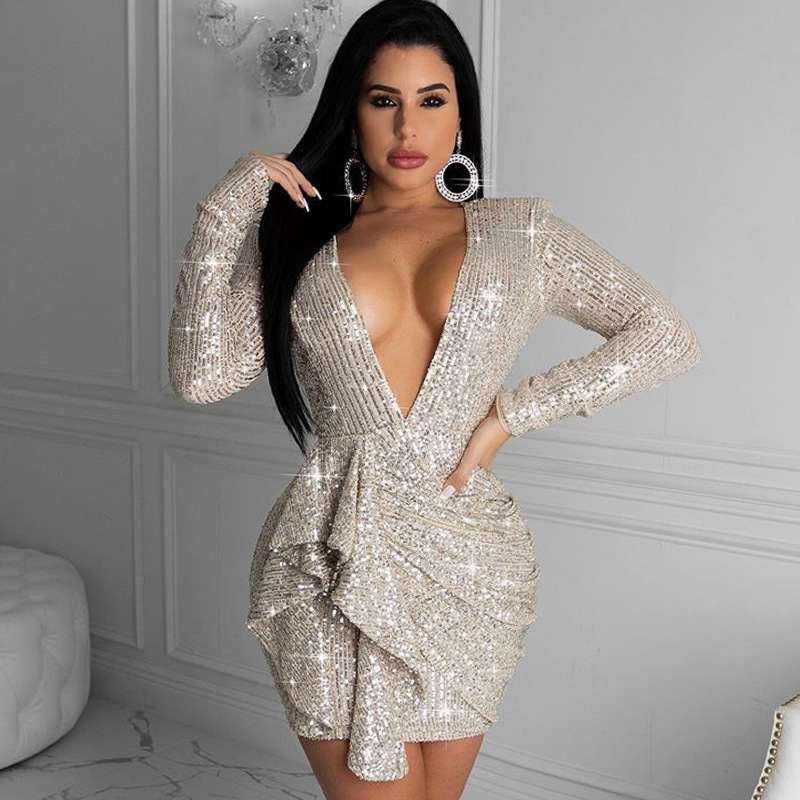European and American autumn and winter foreign trade Amazon Women's deep V-neck backless sequined tight sheath evening dress sexy dress