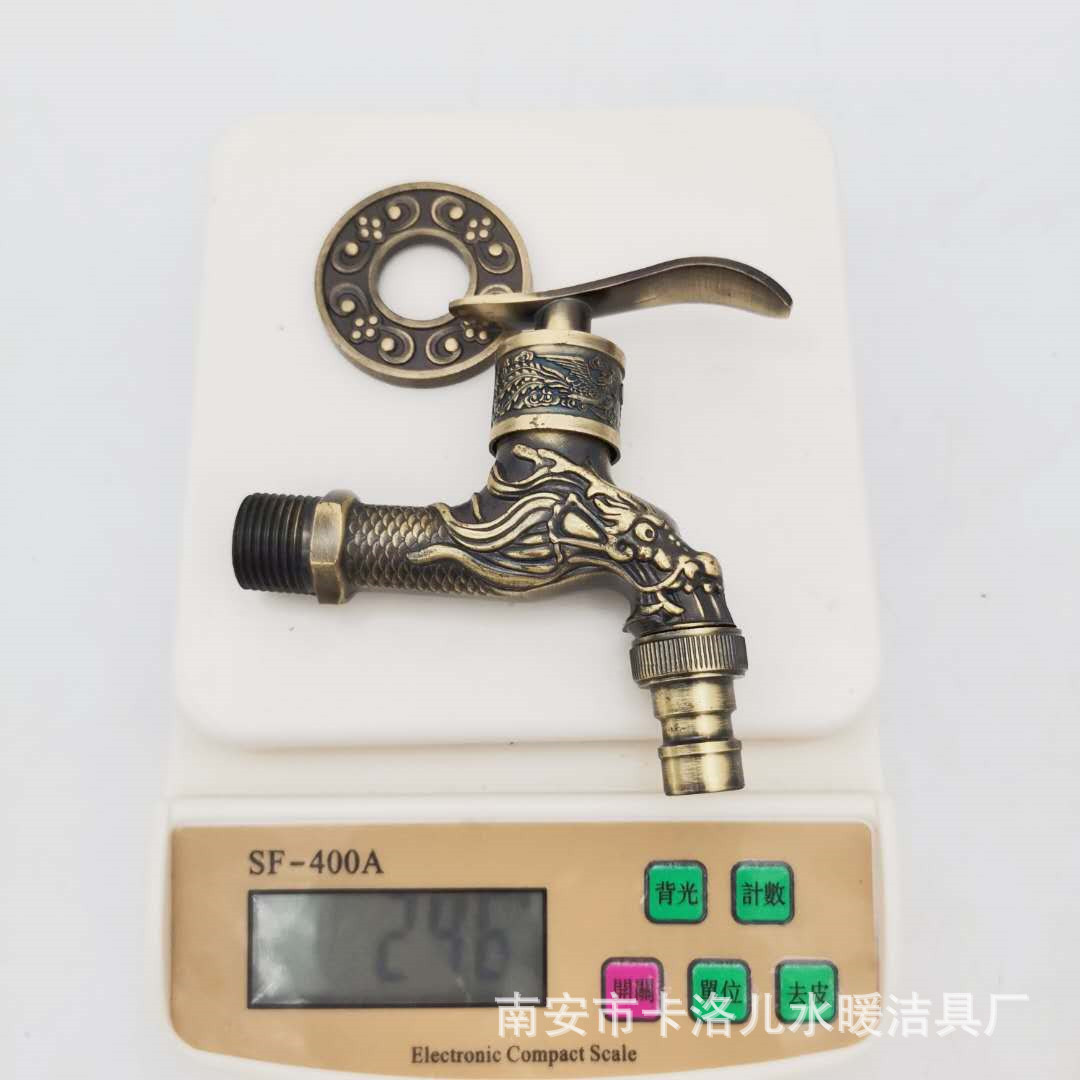 The overseas model features an antique bronze-patterned dragon spout, an alloy copper core, and a bronze-colored European-style faucet with a single cooling nozzle undefined