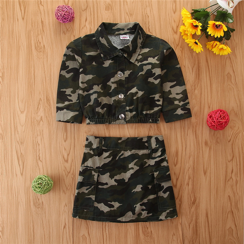 Cross-border foreign trade 2020 girls fall outfit hot style suit fashionable skirt suit camouflage jacket with long sleeves + short skirt