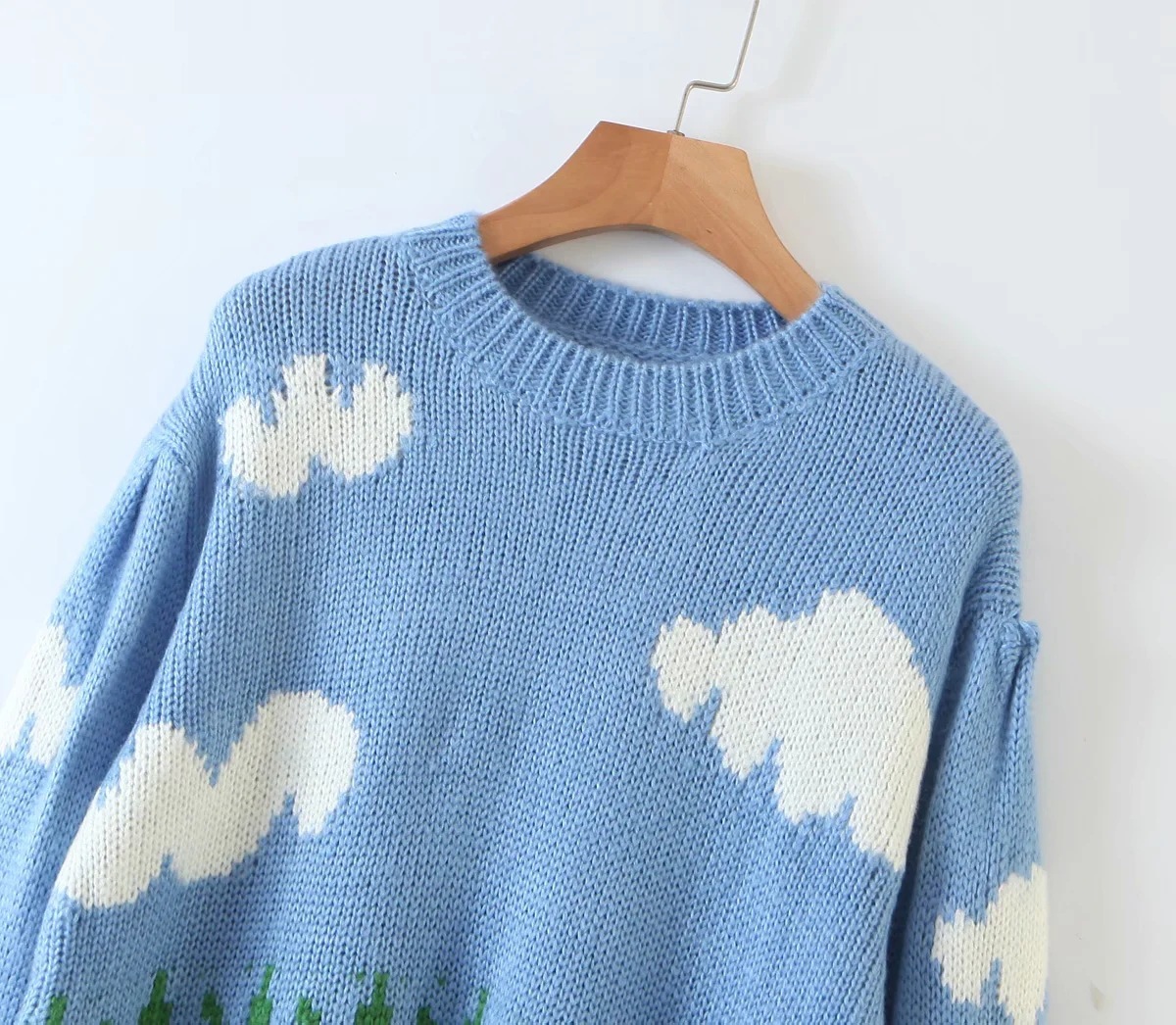 blue sky white cloud round neck pullover sweater NSHS61558