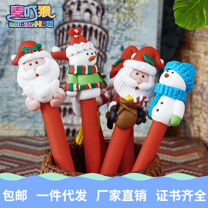 Santa Claus Snowman originality Cartoon ball pen baking Clay Pen children student Stationery decorate Christmas