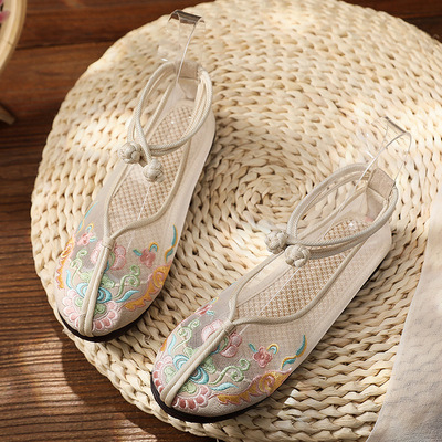 Net flat bottom chinese retro style embroidered hanfu shoes embroidered princess fairy shoes cotton hemp ethnic for women