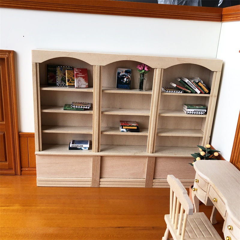 1：12迷你娃娃屋DOLLHOUSE书房摆件素胚三联书柜可DIY自行上色