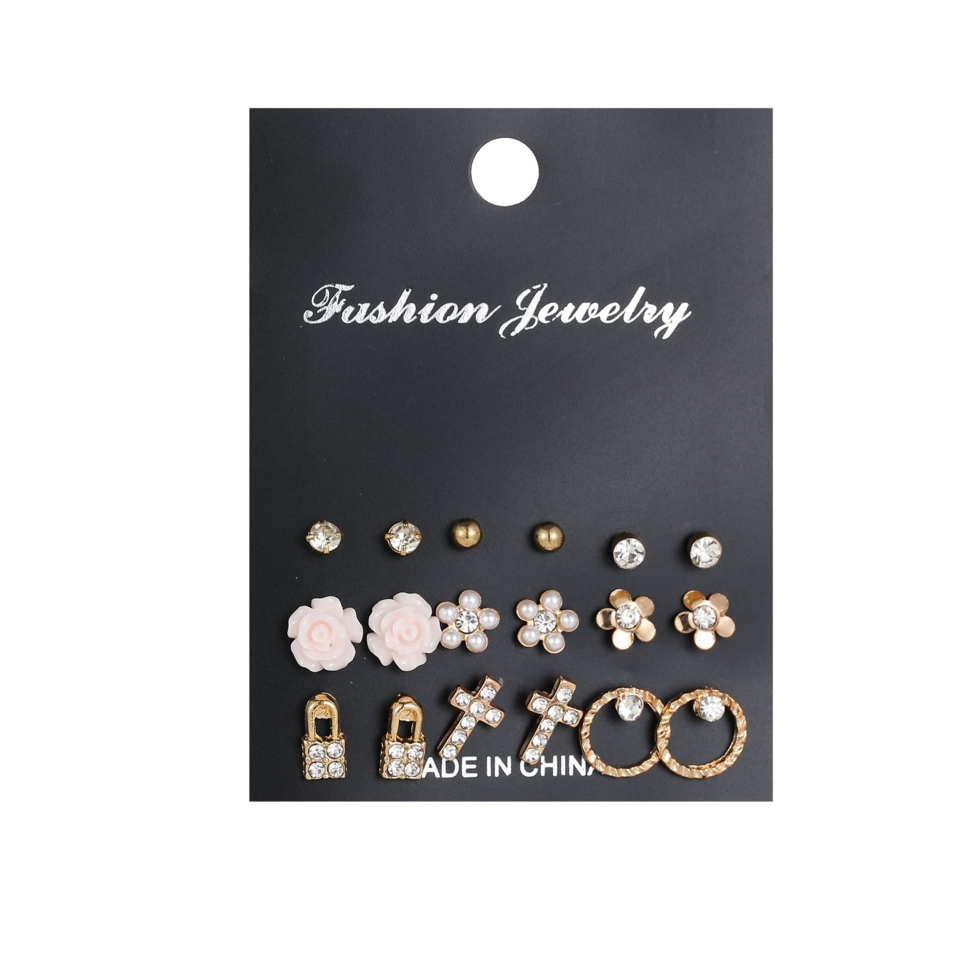 Hot Sale New Pearl Flower Lock Geometric Circle 9 Pairs Combination Rhinestone Alloy Earring Set display picture 5