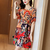 Printed mulberry silk big swing dress contrast Round Neck Lace Up waist slim A-line skirt