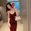 V-neck low chest open back solid color slit A-line dress party dress suspender dress