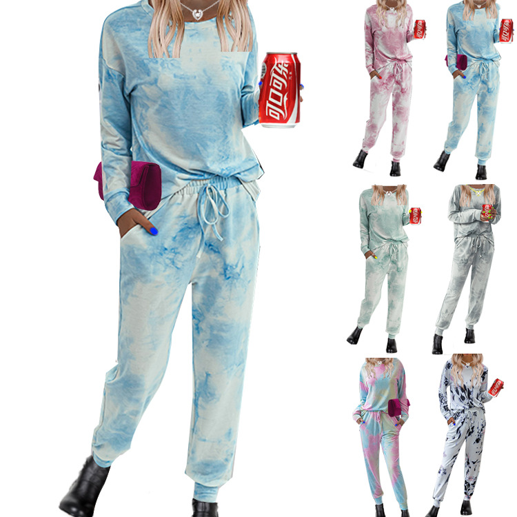 亞馬遜外貿居家服長袖印花圓領T恤+短褲/長褲女式套裝