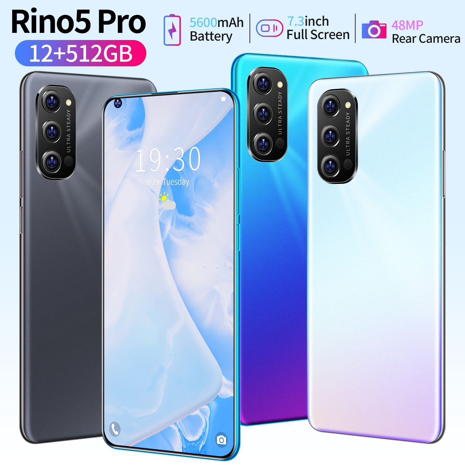 新款Rino5 pro跨境手机7.3大屏智能安卓手机工厂直供外贸代发wish