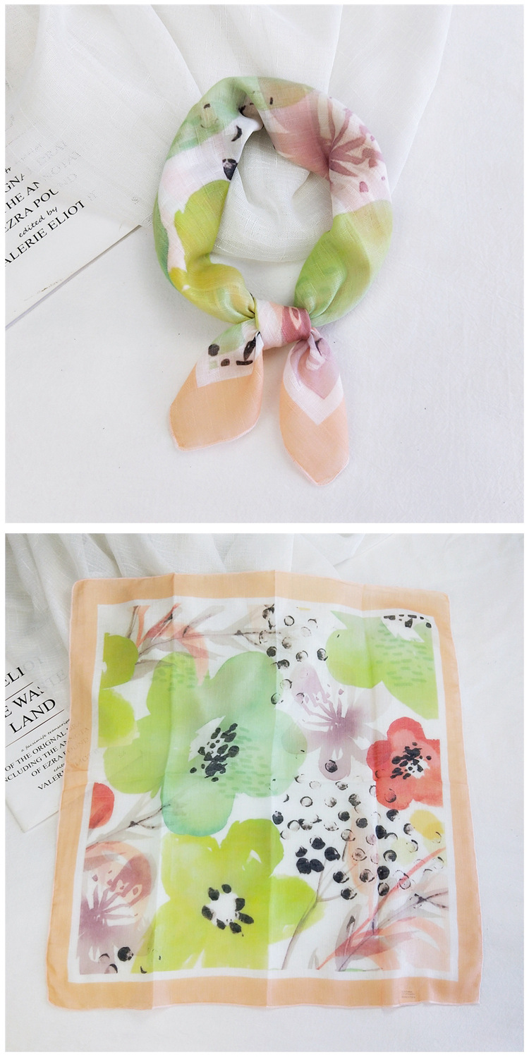50g Weight Silk Scarf Classification Travel Occasion Unisex Gender Printing Design Sweet Style Grey&Pink, Grey, White, Purple, Green, Blue, Camel, Yellow, Black Color Cotton Linen Small Square Scarf 12