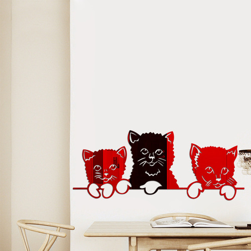Three Kity Cats Mirror Wall Sticker 3D Stereo Non-toxic Eco-friendly Decor 70cmX28.5cm with Self-adhesive Backing