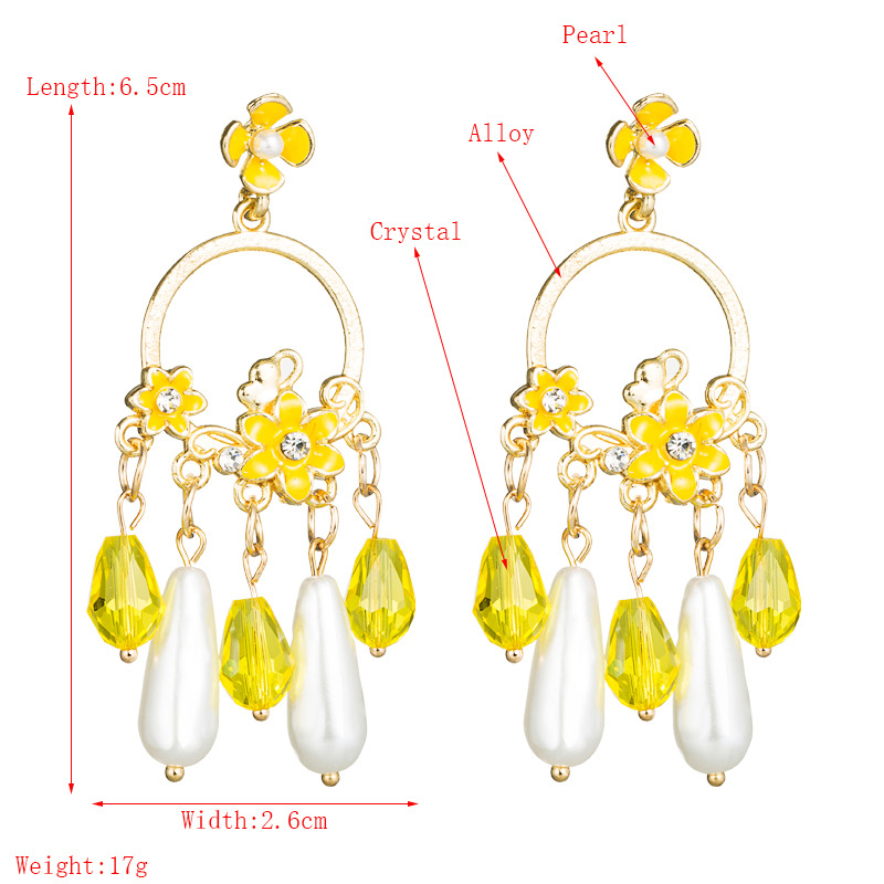 New Long Fringed Pearl Crystal Drop Oil Flower Alloy Inlaid Rhinestone Earrings For Women display picture 1