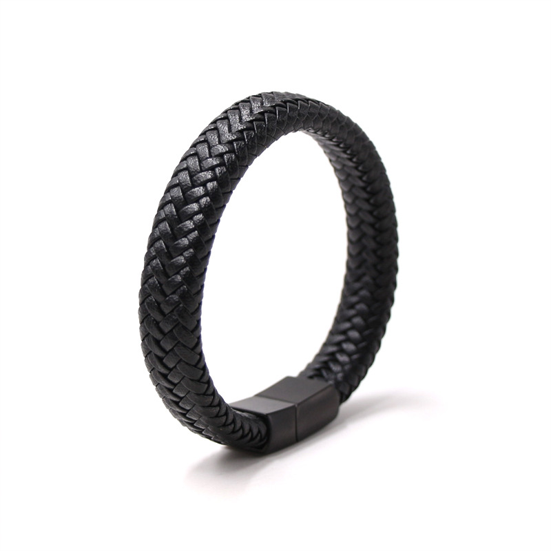 Black Leather Bracelet With Magnetic Clasp And Tiger Eye Beads_voghion.com