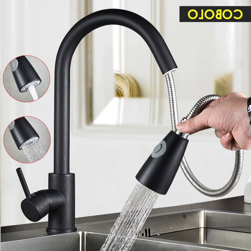 Pull-pull kitchen faucet black matte wash basin sink faucet shower head hot and cold brushed retro faucet