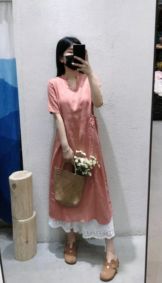 复古纯棉连衣裙女中长款遮肚A字裙30-40岁中年微胖全棉布裙子夏纯