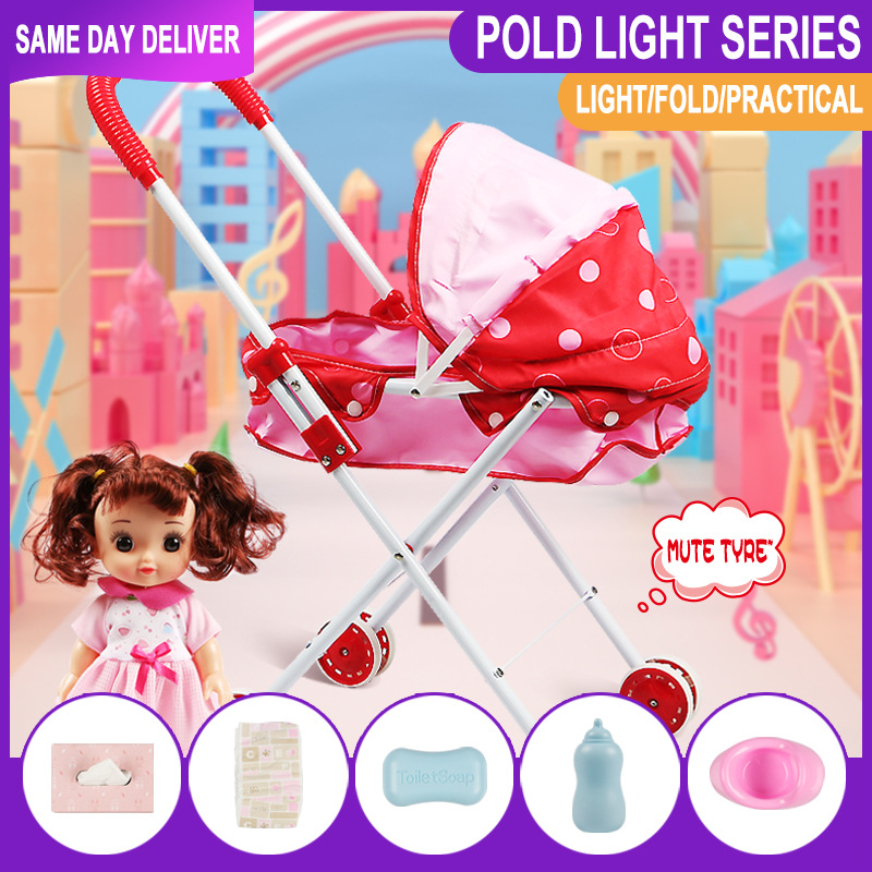 亚马逊儿童玩具婴儿车过家家仿真合金杆手推车娃娃带尿布女孩礼物|ms