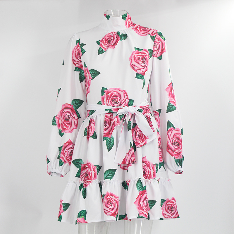 fashion high-neck rose print dress NSYI10487