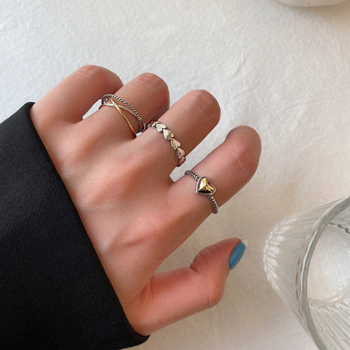 Korean version 925 silver color line cross ring female retro internet celebrity simple ins trendy opening