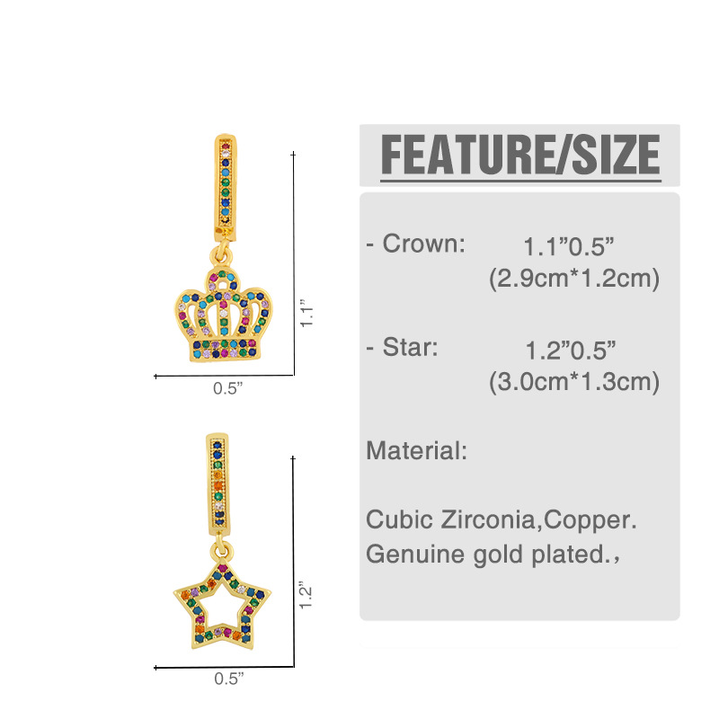 New  Micro-inlaid Color Zircon Crown Fashion Five-pointed Star Cooper Earrings display picture 2