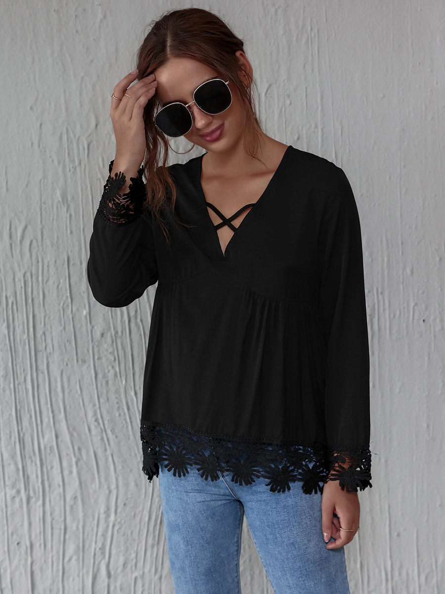 solid color V-neck fashion stitching lace top NSAL2078