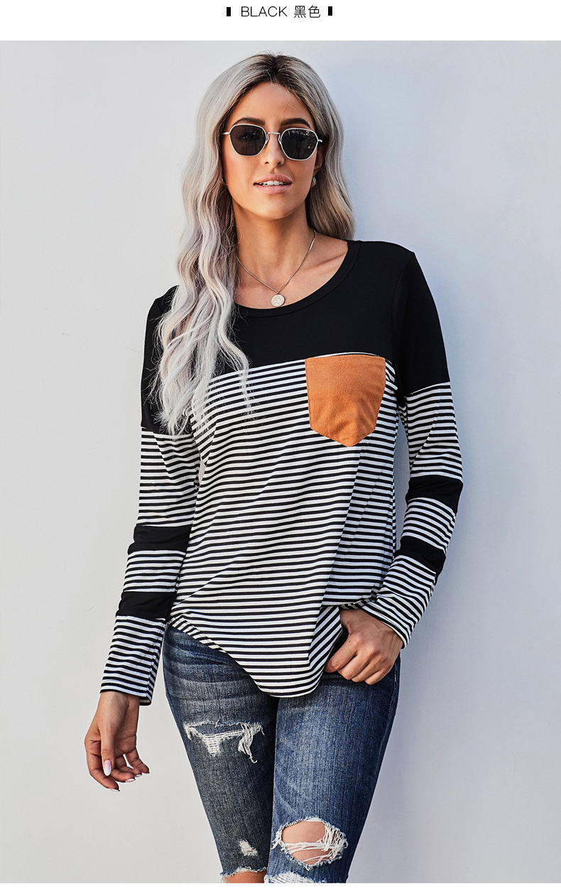 knitted sweater women s sleeves striped stitching new pocket long-sleeved women s sweater  NSSI2306