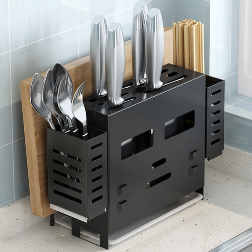 Integrated knife, chopsticks, pot lid, multifunctional storage rack, black stainless steel kitchen storage rack with water tray