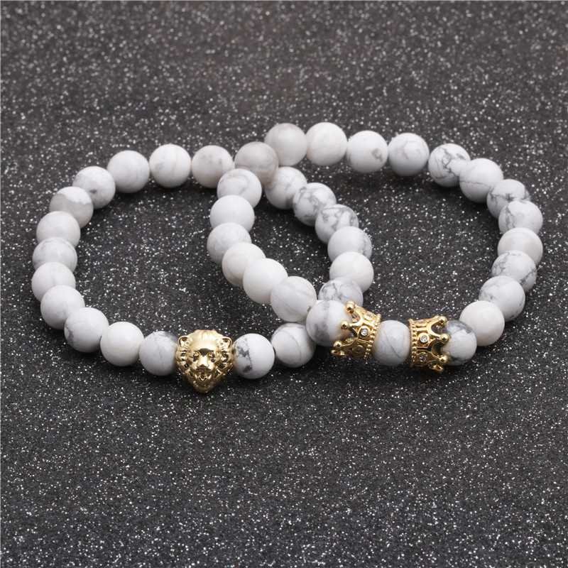 Fashion Tiger Eye Beaded DIY Lion Head Bracelet White Turquoise Lion Head Bracelet