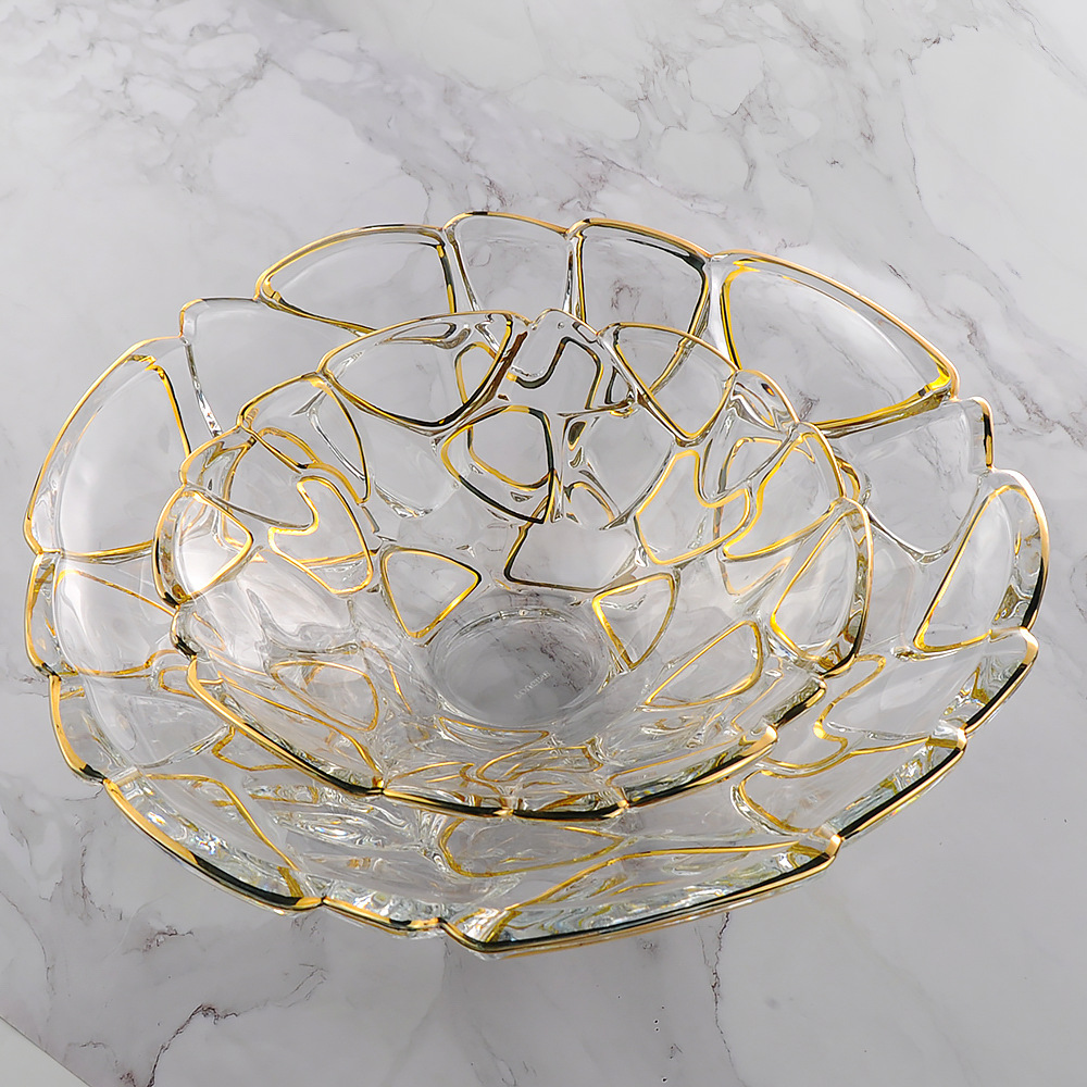 欧式创意金边水晶玻璃大号果盘 简约圆形果斗客厅摆件家居装饰品