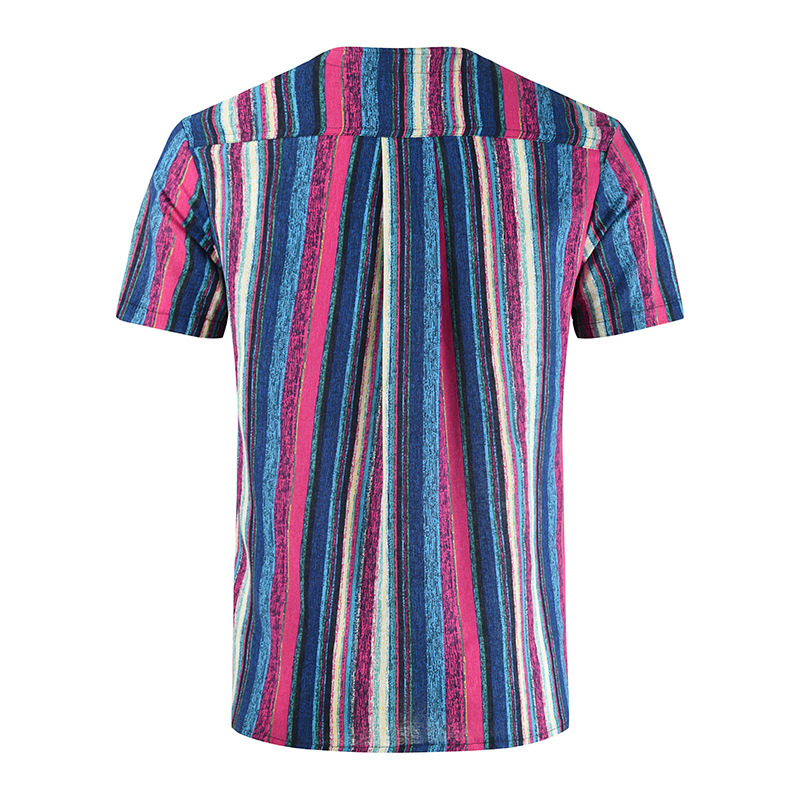 2024 Summer Cross-Border Wish Cotton and Linen Embroidered Short-Sleeved Shirt Slimming Look Stripesd Printed Pullover Round Neck Cotton and Linen Shirt