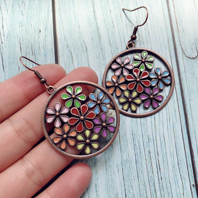 1 Pair Ethnic Style Round Flower Enamel Alloy Drop Earrings display picture 3