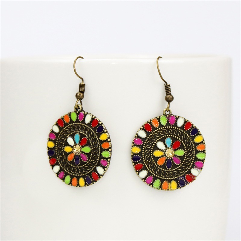 Enamel Flower Rhinestone Alloy Geometric Round Ethnic Style Earrings Wholesale Jewelry Nihaojewelry display picture 2