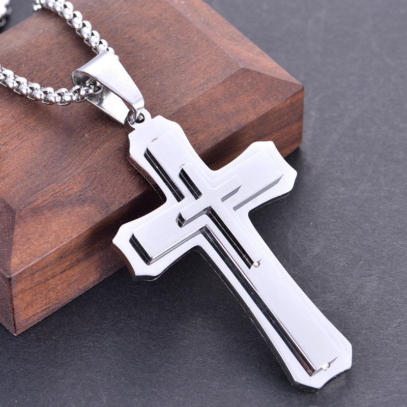New European and American three-layer cross necklace titanium steel domineering necklace boys decorations lettering gift