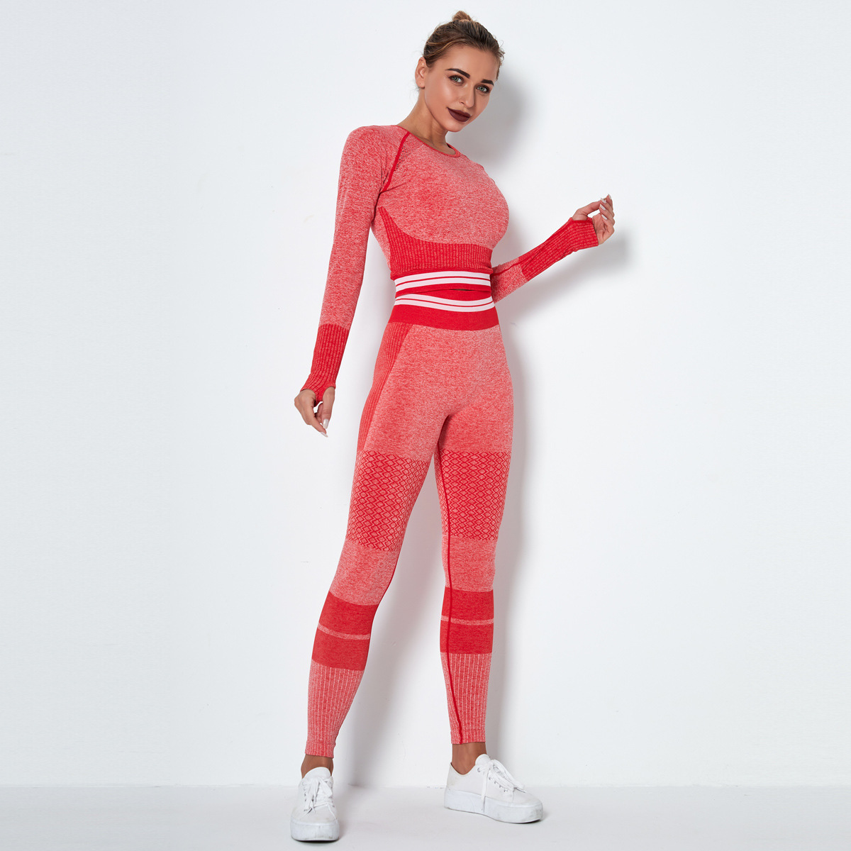 seamless knitted quick-drying long-sleeved striped two- piece fitness suit NSLX8991