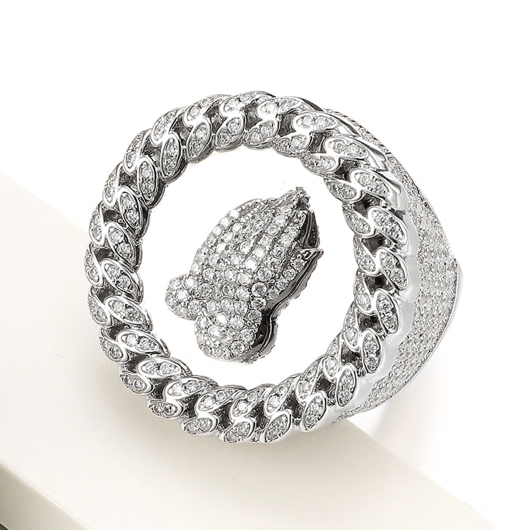 Gold Plated Prayer Hand Ring With Diamonds For Men Hip Hop Style_voghion.com