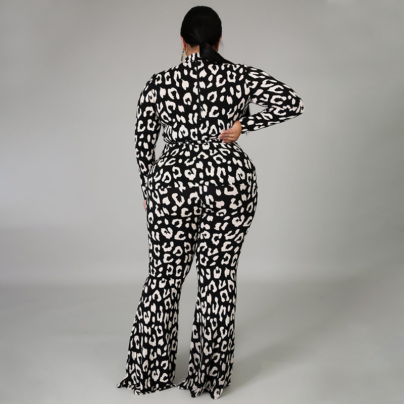 plus size black leopard print long-sleeved straps wide-leg jumpsuit NSLNW137017