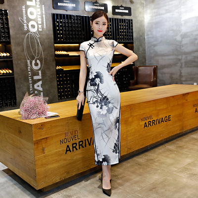 Women Printed Cheongsam chinese dress retro oriental qipao long dresses for female