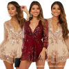 European and American Sequin deep V long sleeve Jumpsuit shorts