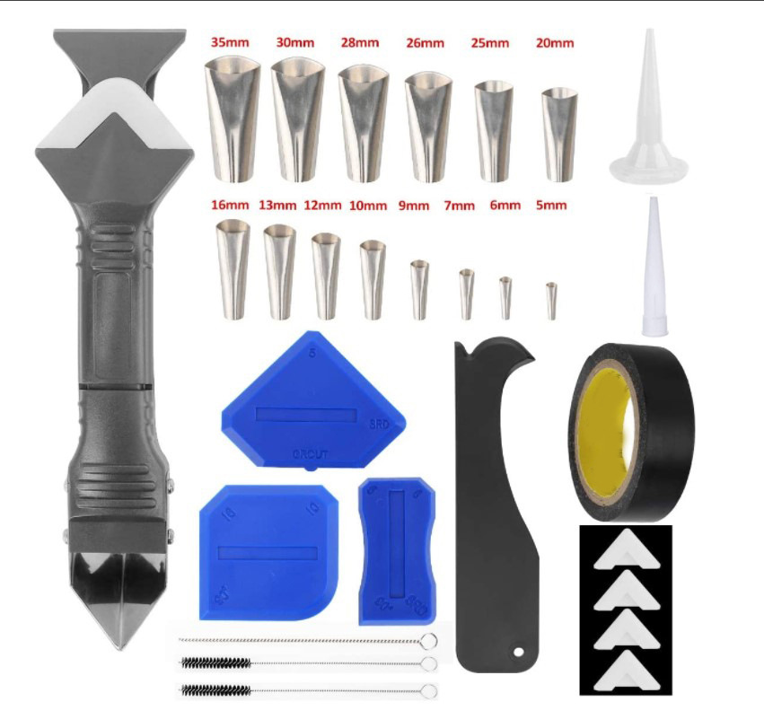 亚马逊畅销不锈钢胶嘴玻璃胶填缝喷嘴铲刮胶器美缝刮板30件套