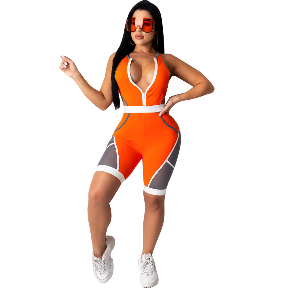 slim-fit zipper mesh see-through color-blocking jumpsuit Nihaostyles wholesale clothing vendor NSTYF72914