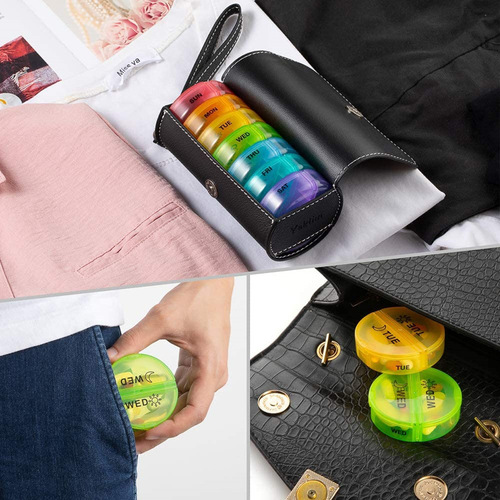 Foreign trade hot selling AMPM 2 times a day large pill storage box PU leather box round travel 7-day pill box