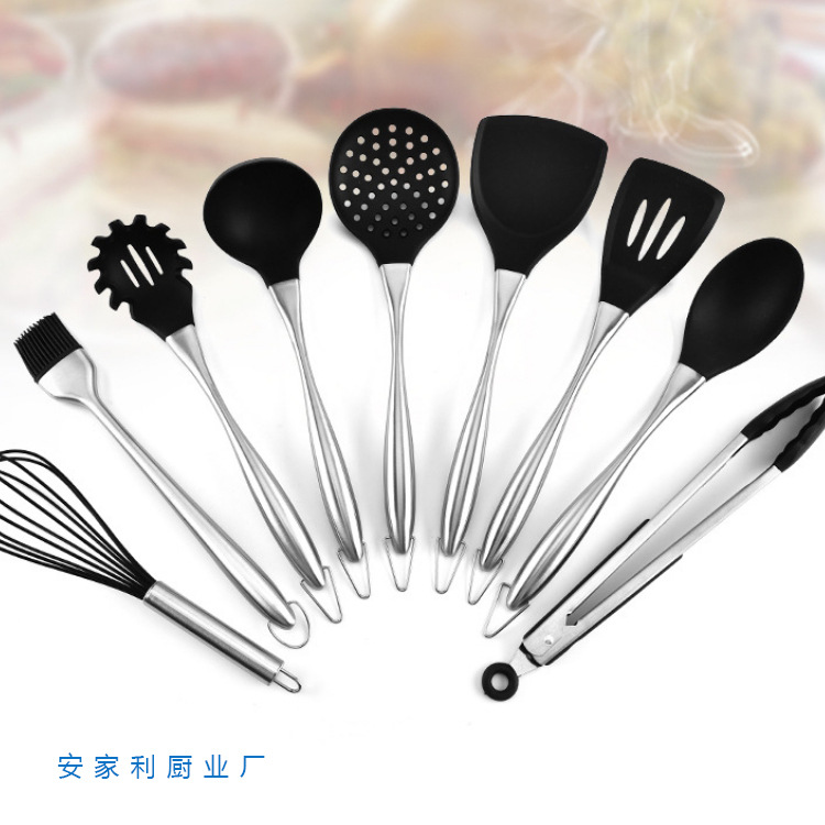 不鏽鋼矽膠湯勺廚房烹饪勺鏟9件套廚具不鏽鋼手柄不粘鍋矽膠廚具