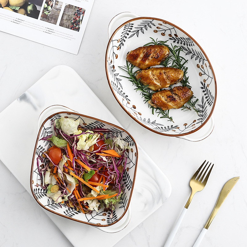 Bandeja de cocción pintada a mano de vena creativa bandeja de horno de microondas de cerámica bandeja de hornear queso bandeja de cocción de arroz al horno plato de ensalada de cerámica