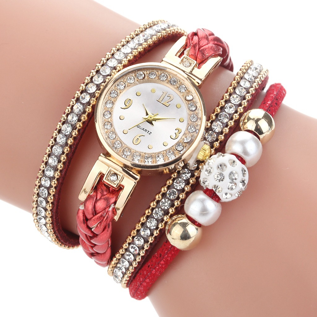 Fashion  Round Bracelet Diamond-studded Pearl Beaded Pu Belt Watch display picture 11