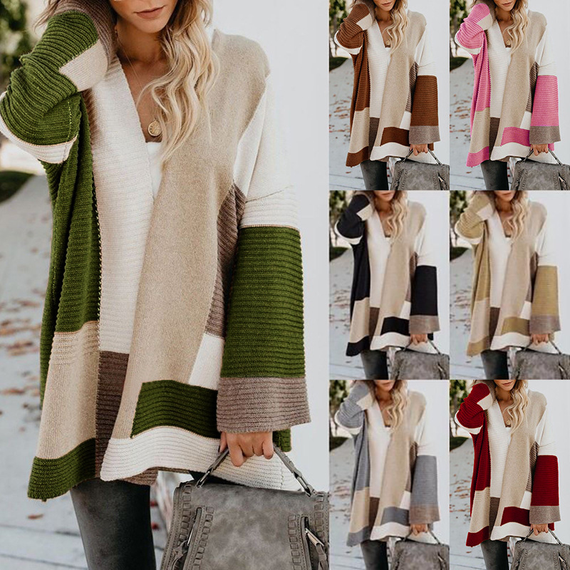 autumn and winter new sweater plus size loose geometric color matching sweater cardigan NSYF848